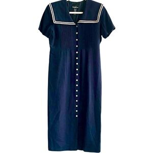 Vtg 90s Navy Linen blend Sailor Collar Maxi Dress Button Front Size 12